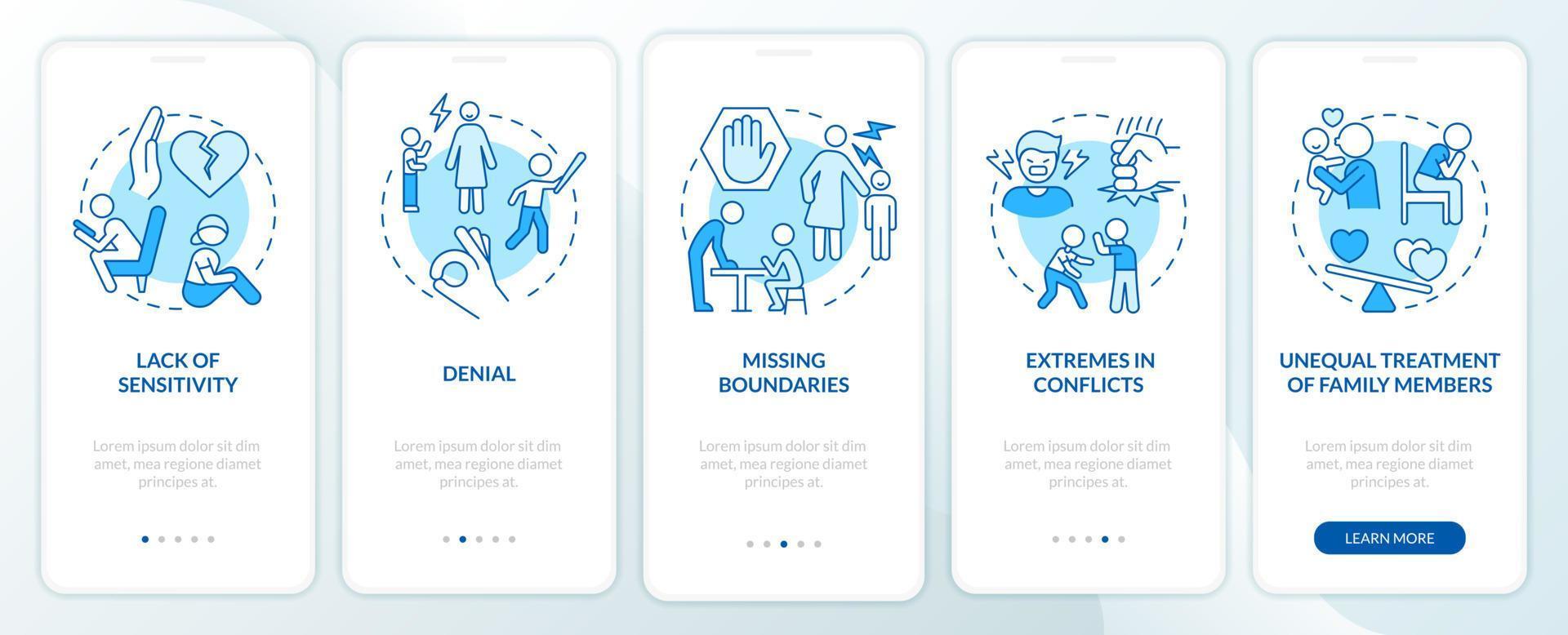 Features of dysfunctional families blue onboarding mobile app screen. Walkthrough 5 steps graphic instructions pages with linear concepts. UI, UX, GUI template. vector