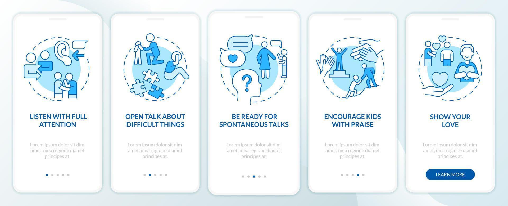 Positive communication blue onboarding mobile app screen. Walkthrough 5 steps graphic instructions pages with linear concepts. UI, UX, GUI template. vector