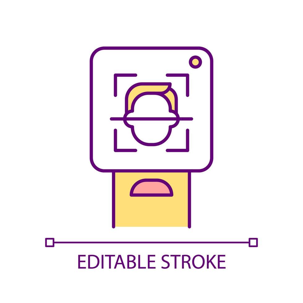 icono de color rgb de reconocimiento facial. dispositivo de identificación biométrica. algoritmos informáticos. análisis del rostro humano. ilustración vectorial aislada. dibujo de línea rellena simple. trazo editable. vector