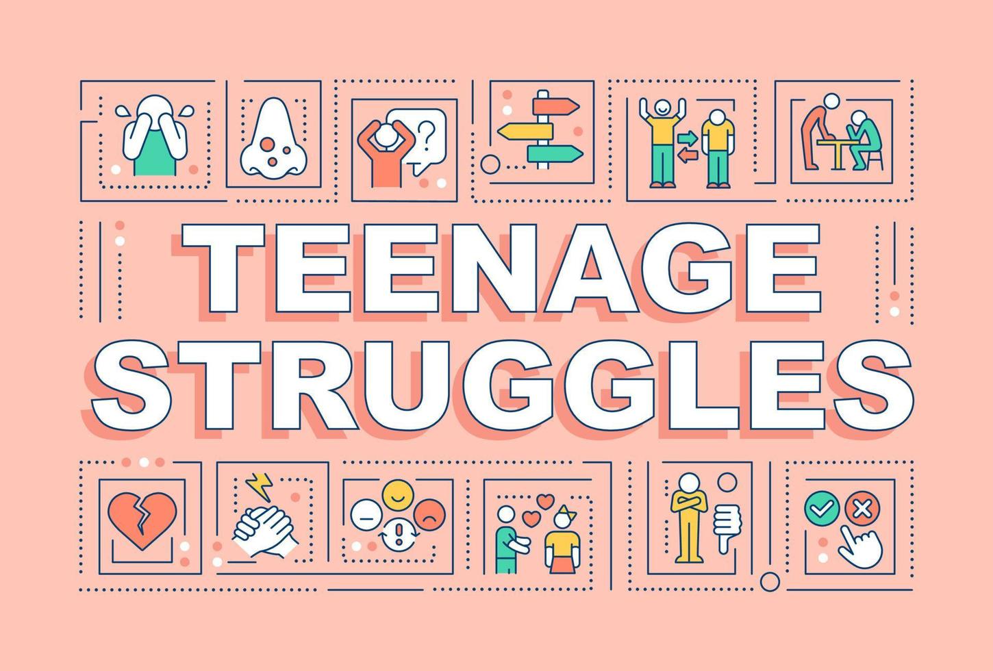 Teenage struggles word concepts pink banner. Social, emotional issues. Infographics with editable icons on color background. Isolated typography. Vector illustration with text.