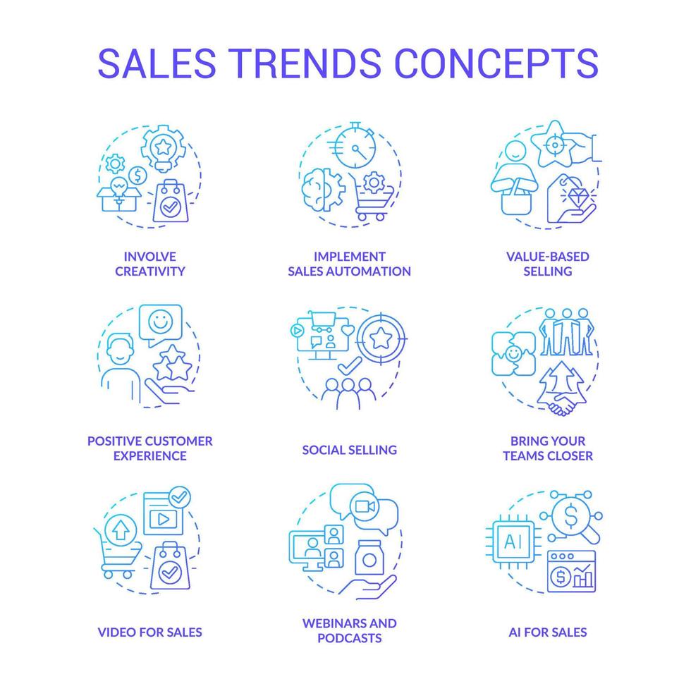 Sales trends blue gradient concept icons set. Ecommerce industry idea thin line color illustrations. Webinars. Customer experience. Isolated symbols. vector