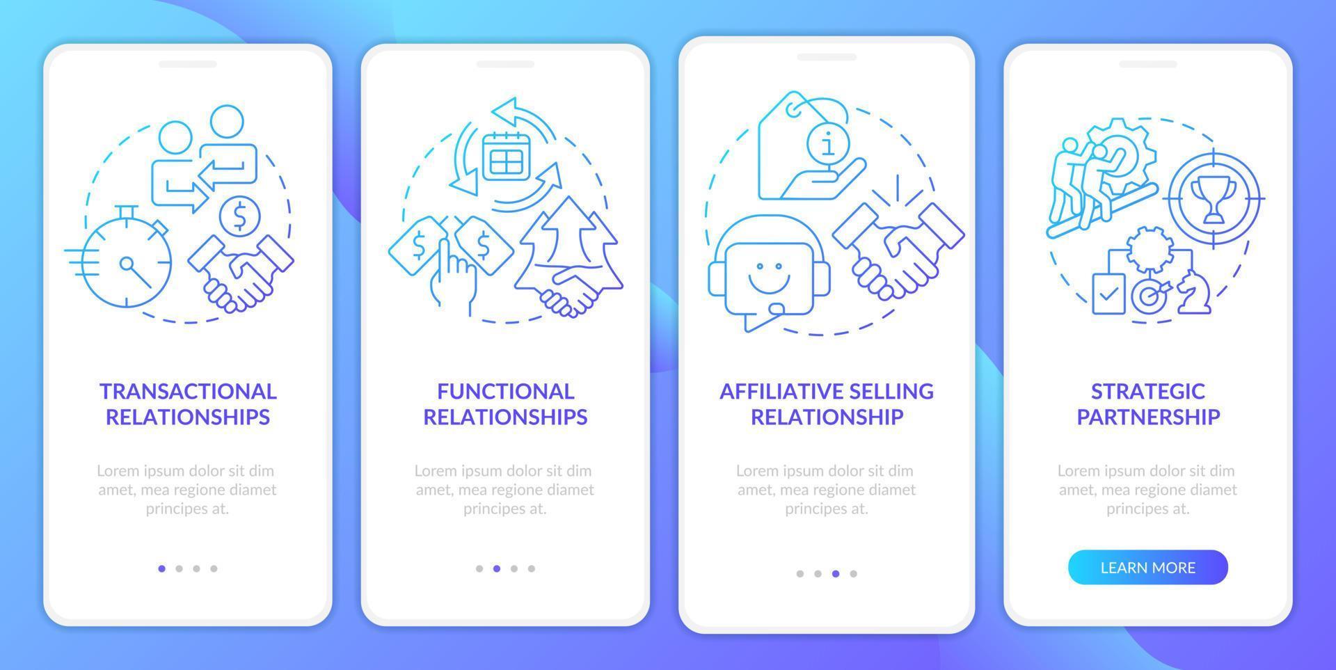 Types of sales relationships blue gradient onboarding mobile app screen. Walkthrough 4 steps graphic instructions with linear concepts. UI, UX, GUI template. vector