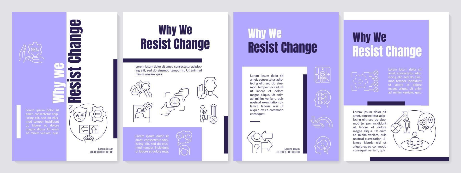 Change resisting reasons purple brochure template. Nonconformism. Leaflet design with linear icons. Editable 4 vector layouts for presentation, annual reports.