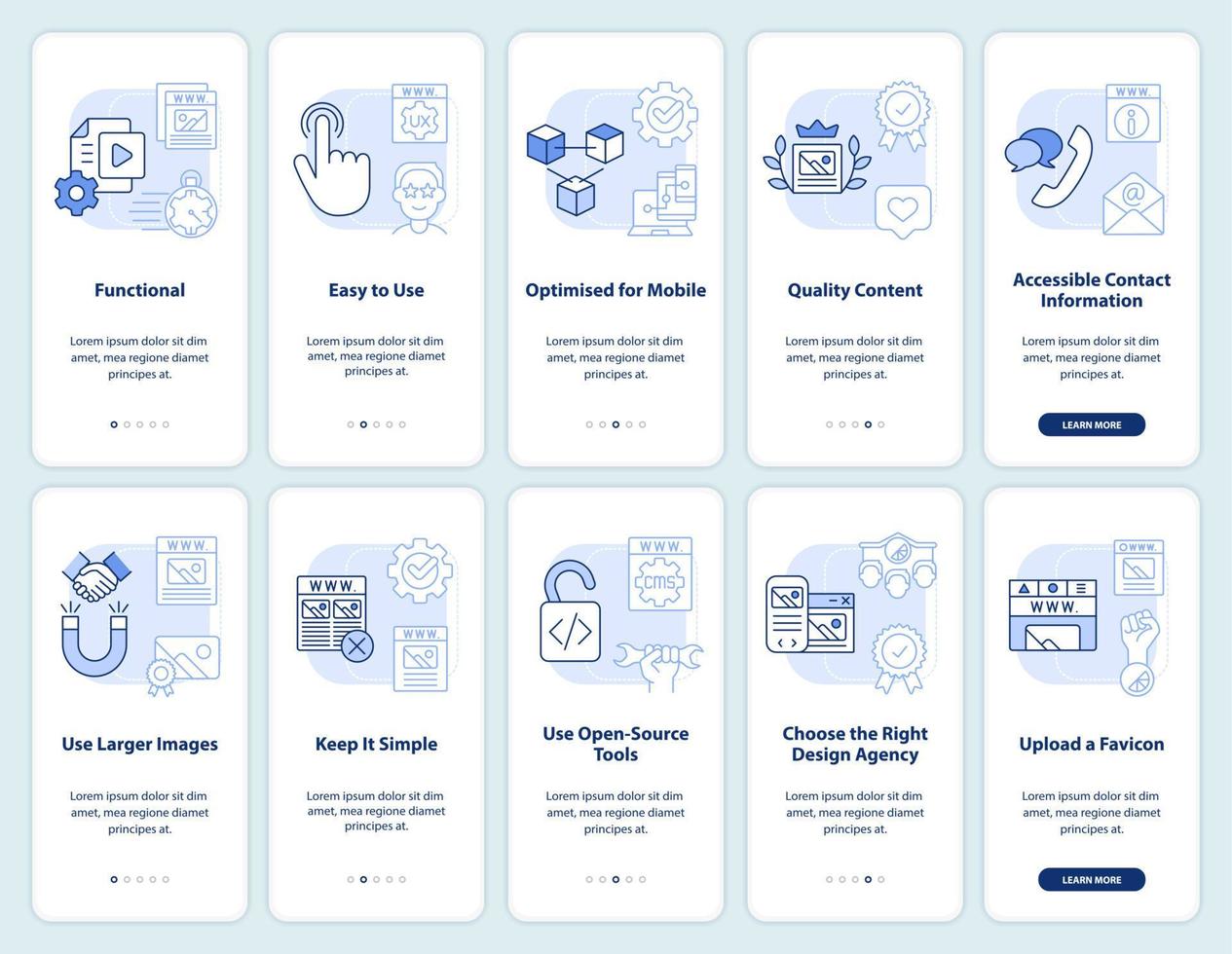 What makes website attractive light blue onboarding mobile app screen set. Walkthrough 5 steps editable instructions with linear concepts. UI, UX, GUI template. vector