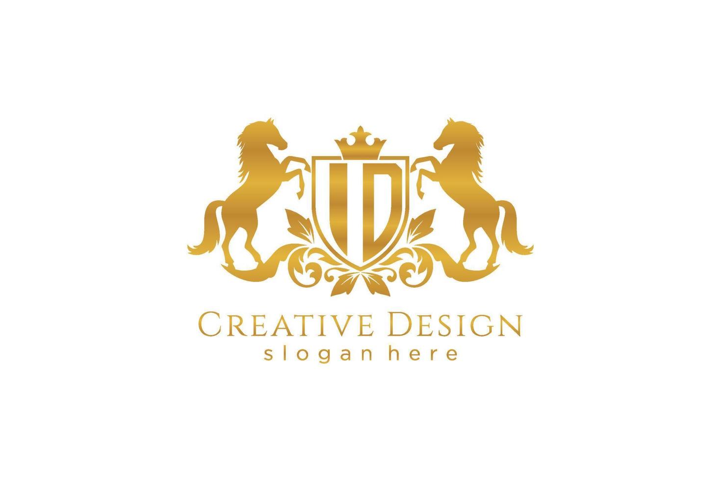 initial ID Retro golden crest with shield and two horses, badge template with scrolls and royal crown - perfect for luxurious branding projects vector