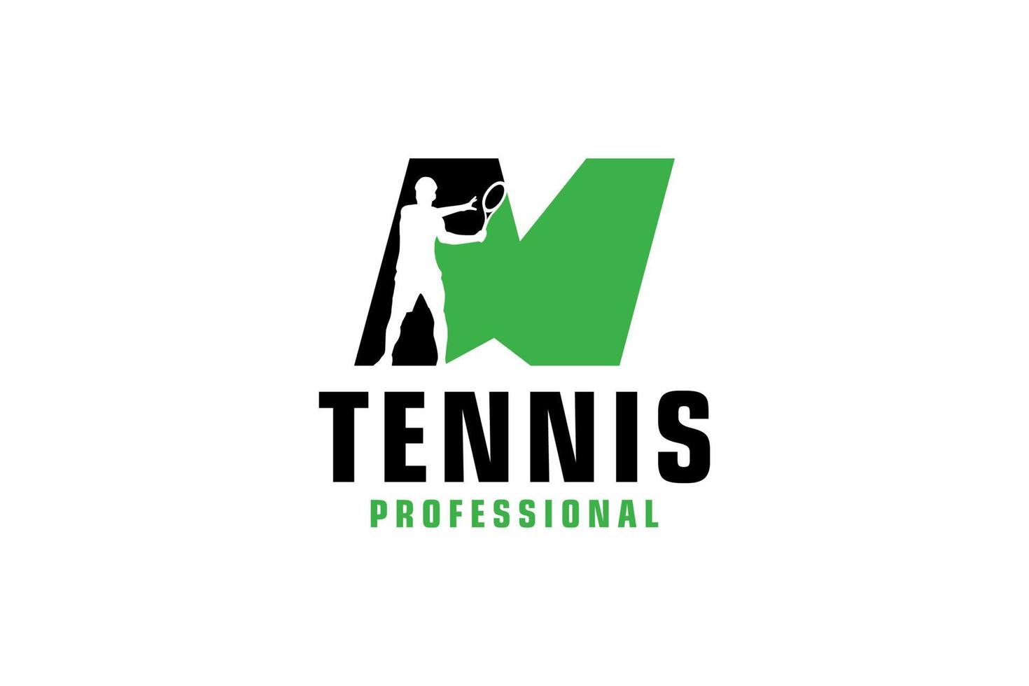 letra m con diseño de logotipo de silueta de jugador de tenis. elementos de plantilla de diseño vectorial para equipo deportivo o identidad corporativa. vector