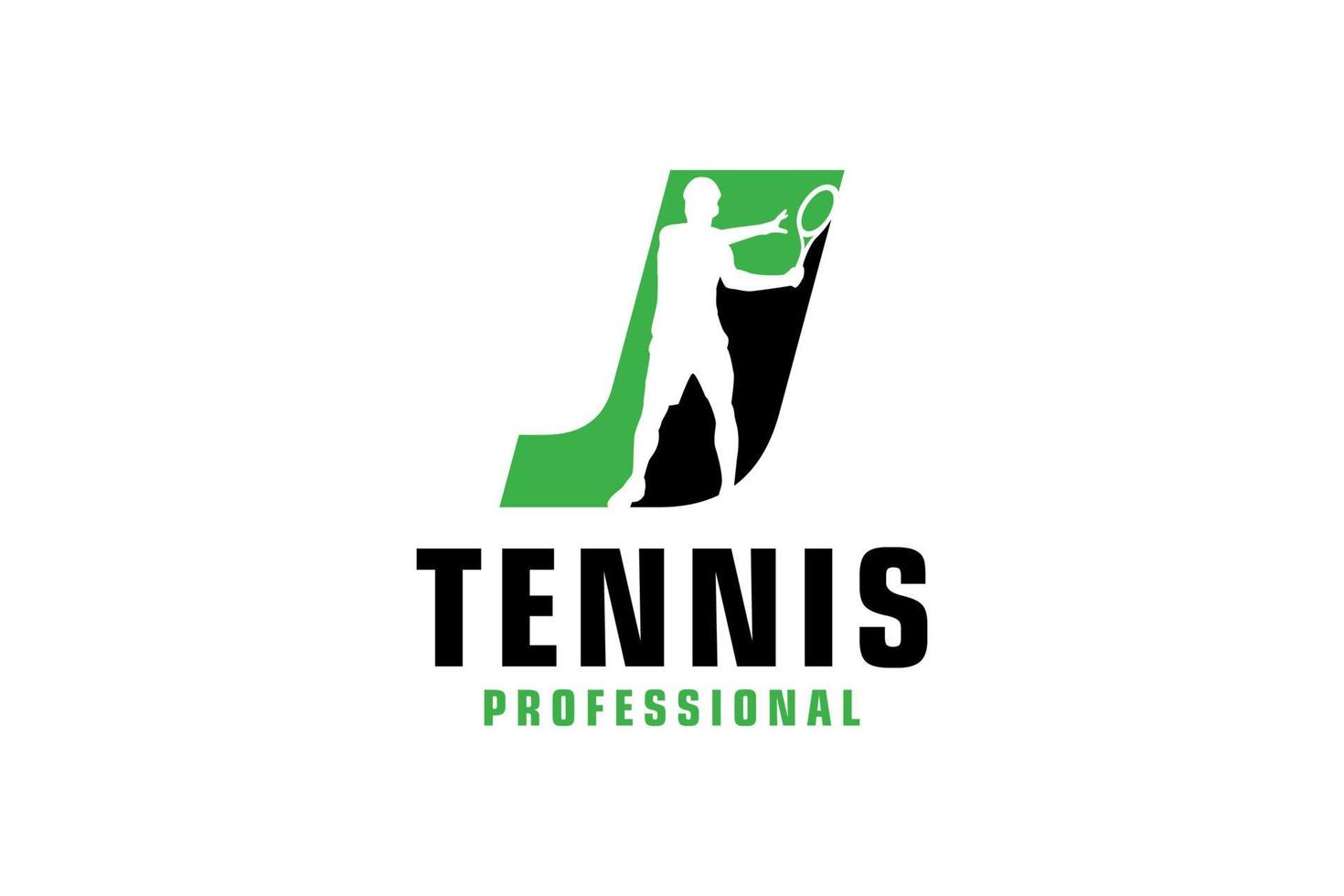 letra j con diseño de logotipo de silueta de jugador de tenis. elementos de plantilla de diseño vectorial para equipo deportivo o identidad corporativa. vector