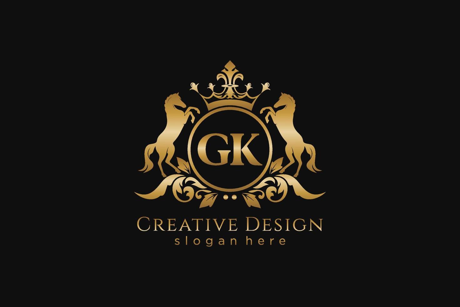 initial GK Retro golden crest with circle and two horses, badge template with scrolls and royal crown - perfect for luxurious branding projects vector