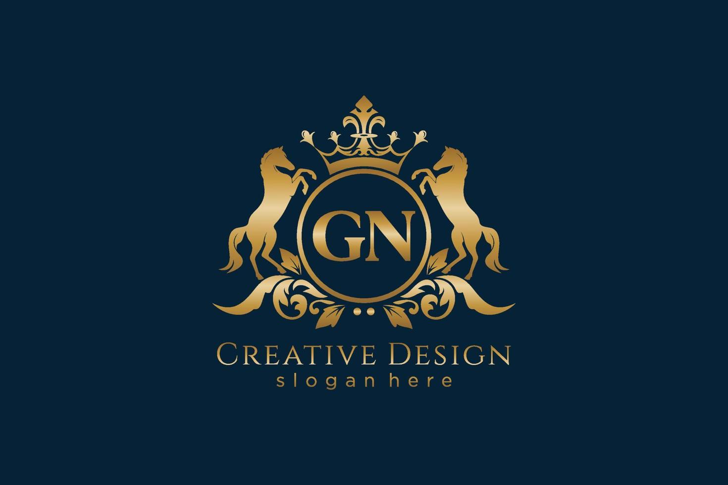 initial GN Retro golden crest with circle and two horses, badge template with scrolls and royal crown - perfect for luxurious branding projects vector