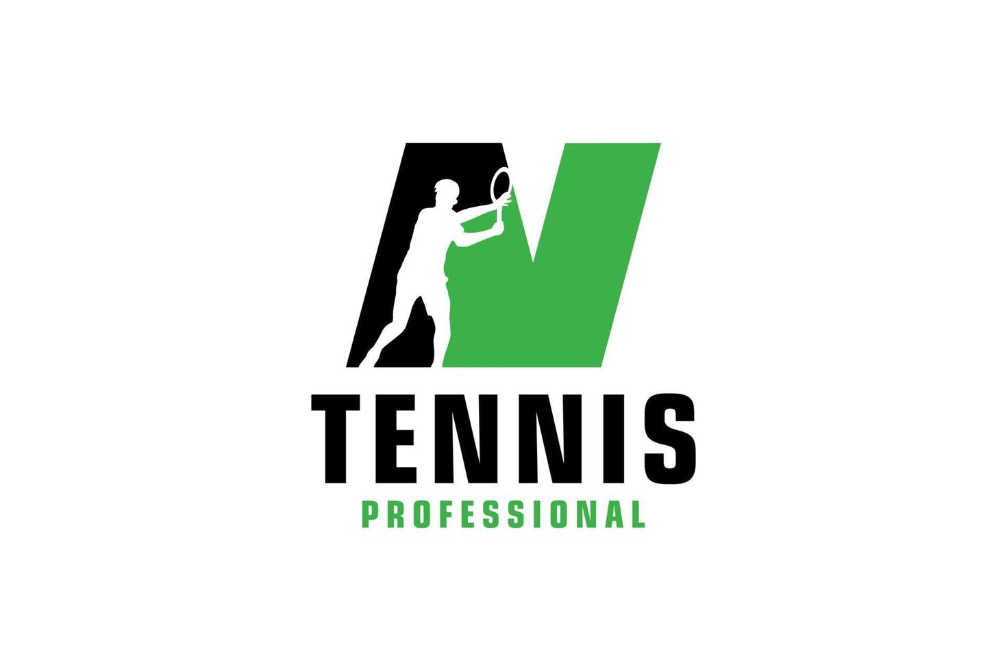 letra n con diseño de logotipo de silueta de jugador de tenis. elementos de plantilla de diseño vectorial para equipo deportivo o identidad corporativa. vector