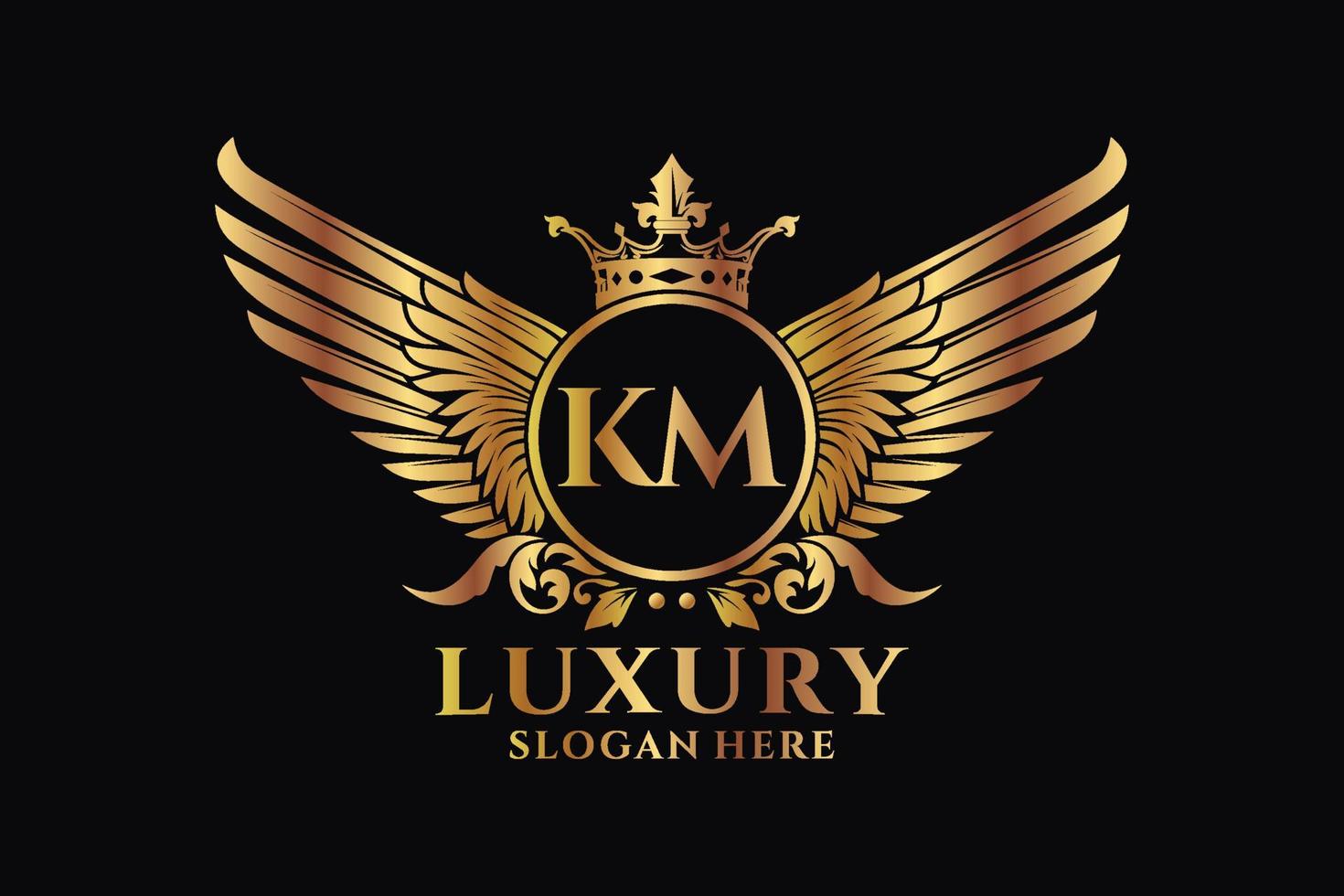 Luxury royal wing Letter KM crest Gold color Logo vector, Victory logo, crest logo, wing logo, vector logo template.