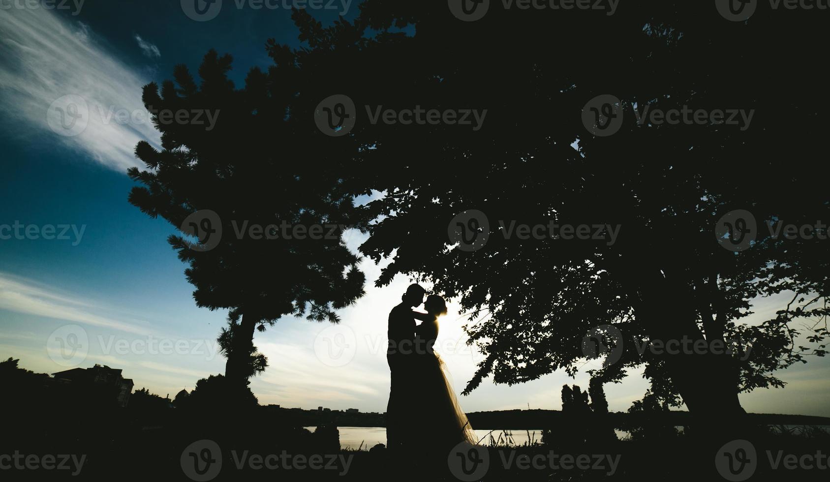 bride groom standing in the park photo