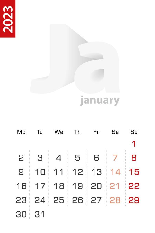 Minimalist calendar template for January 2023, vector calendar in English