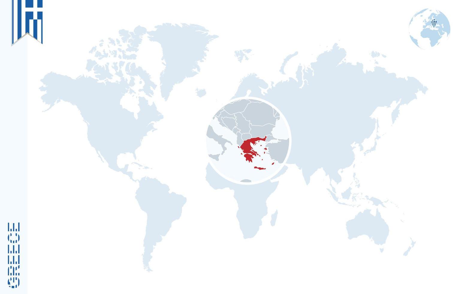 Blue world map with magnifying on Greece. vector