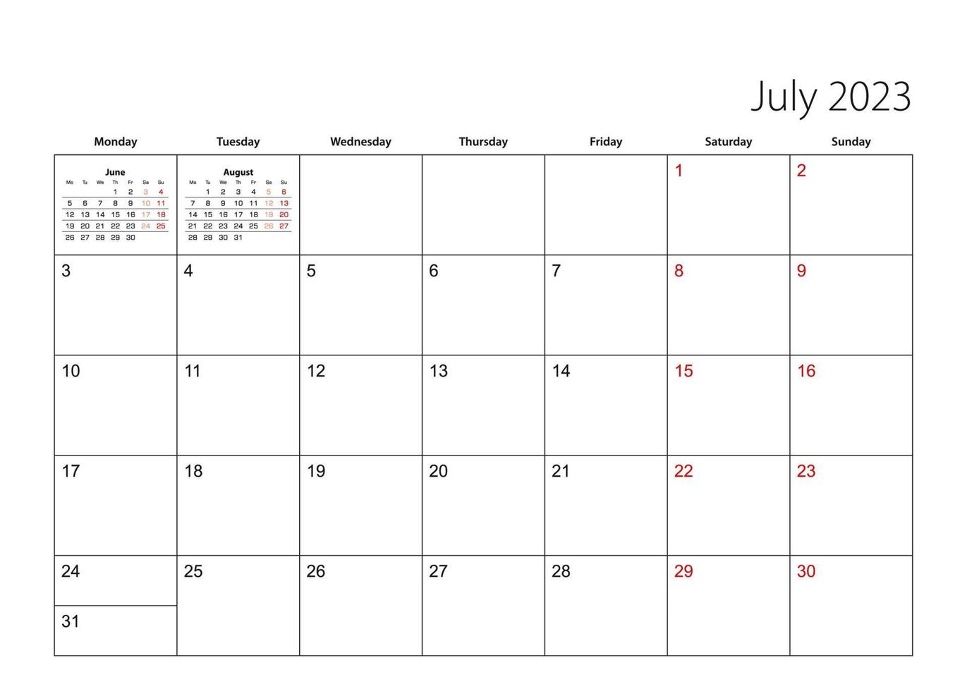July 2023 simple calendar planner, week starts from Monday. vector