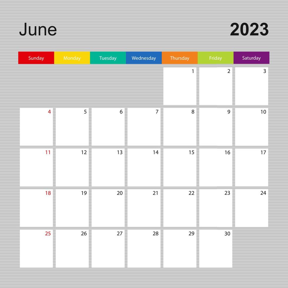 Calendar page for June 2023, wall planner with colorful design. Week starts on Sunday. vector