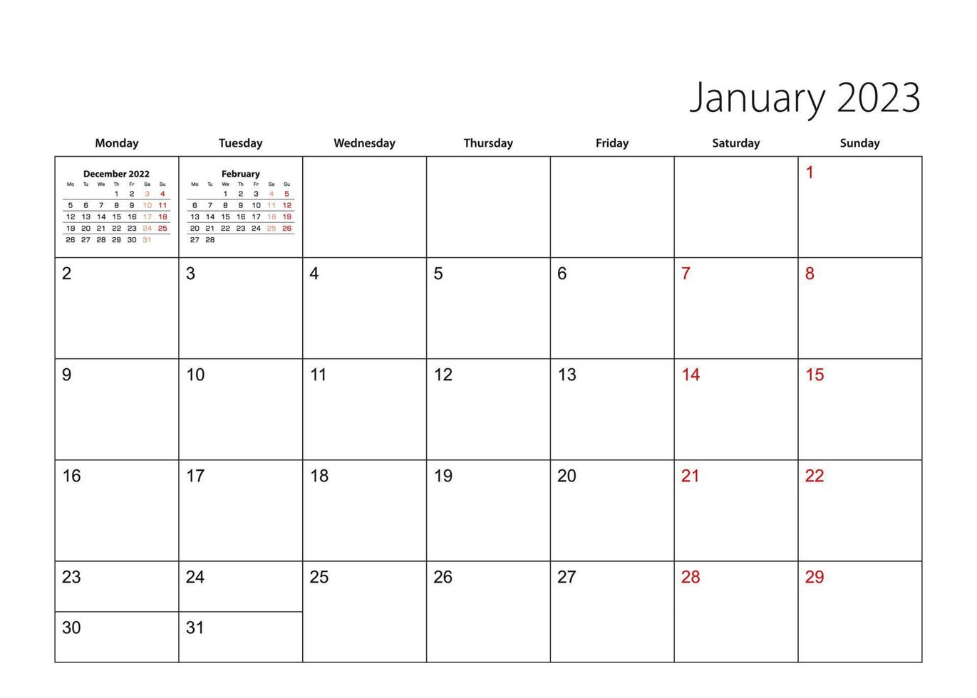 January 2023 simple calendar planner, week starts from Monday. vector