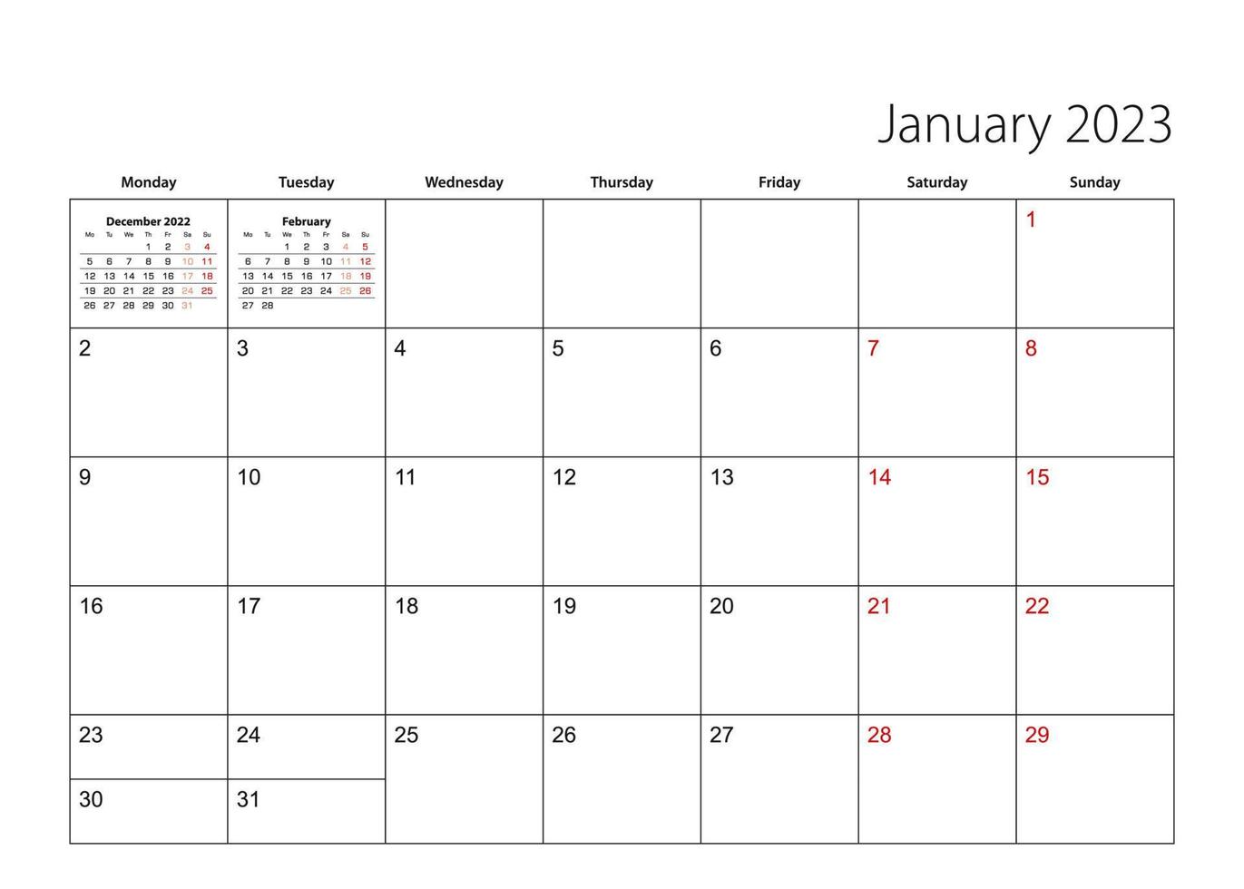 planificador de calendario simple de enero de 2023, la semana comienza el lunes. vector
