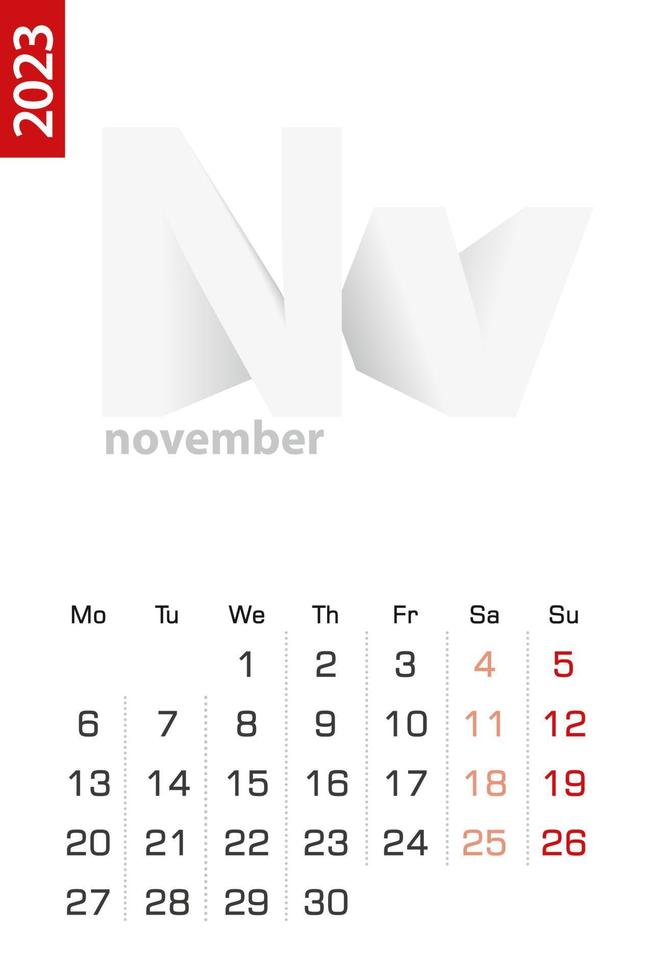 Minimalist calendar template for November 2023, vector calendar in English.