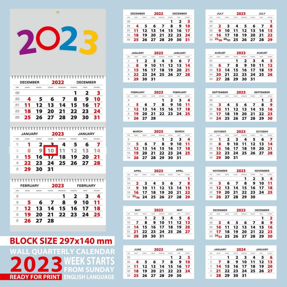 Wall calendar 2023, week start from Sunday. For A4 size. vector