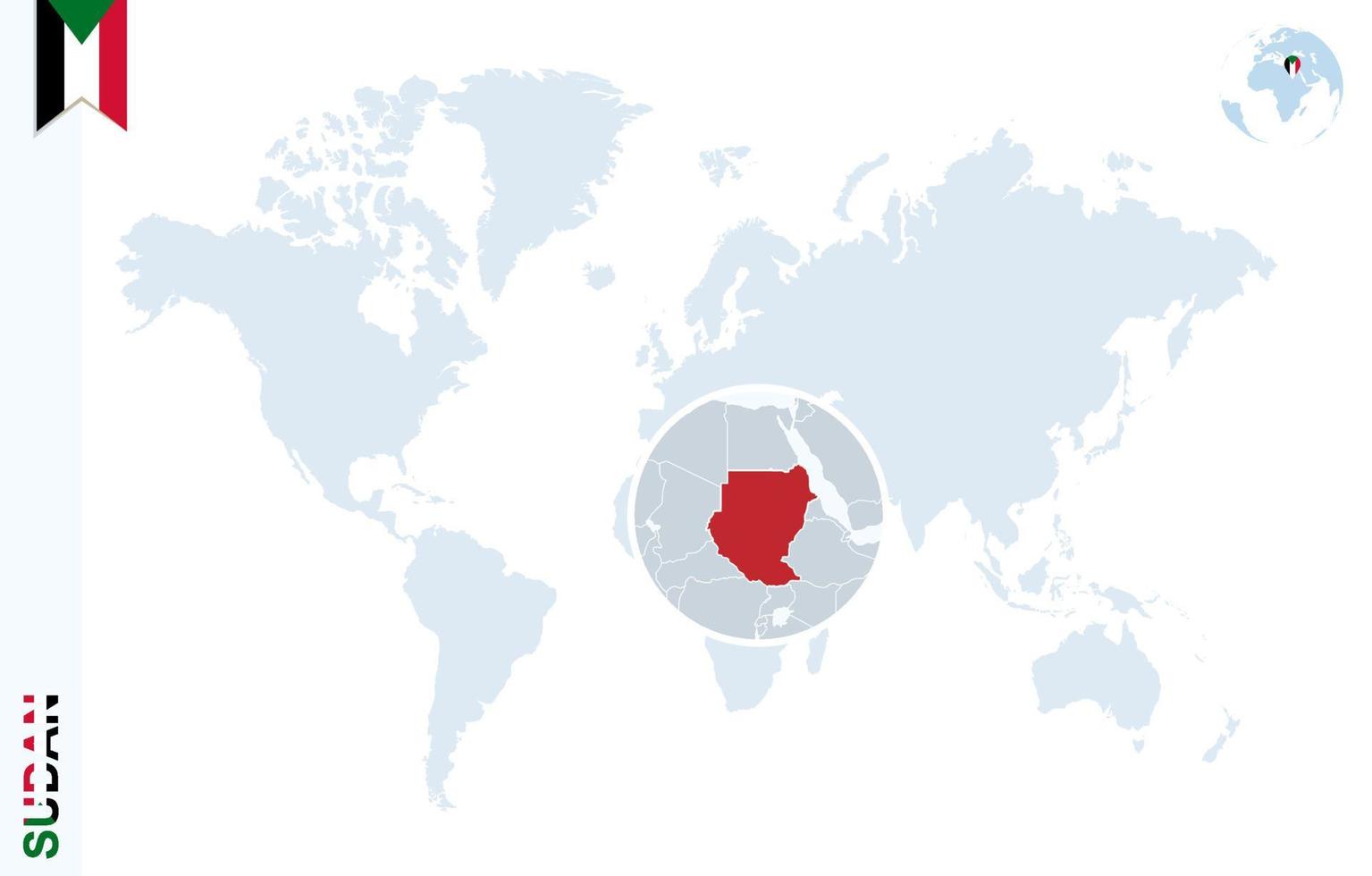 Blue world map with magnifying on Sudan. vector