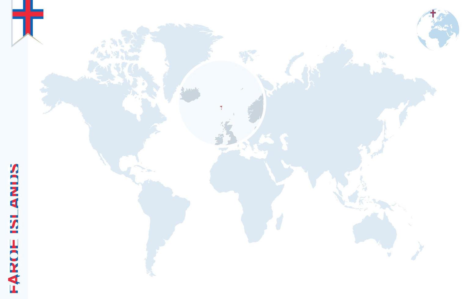 Blue world map with magnifying on Faroe Islands. vector