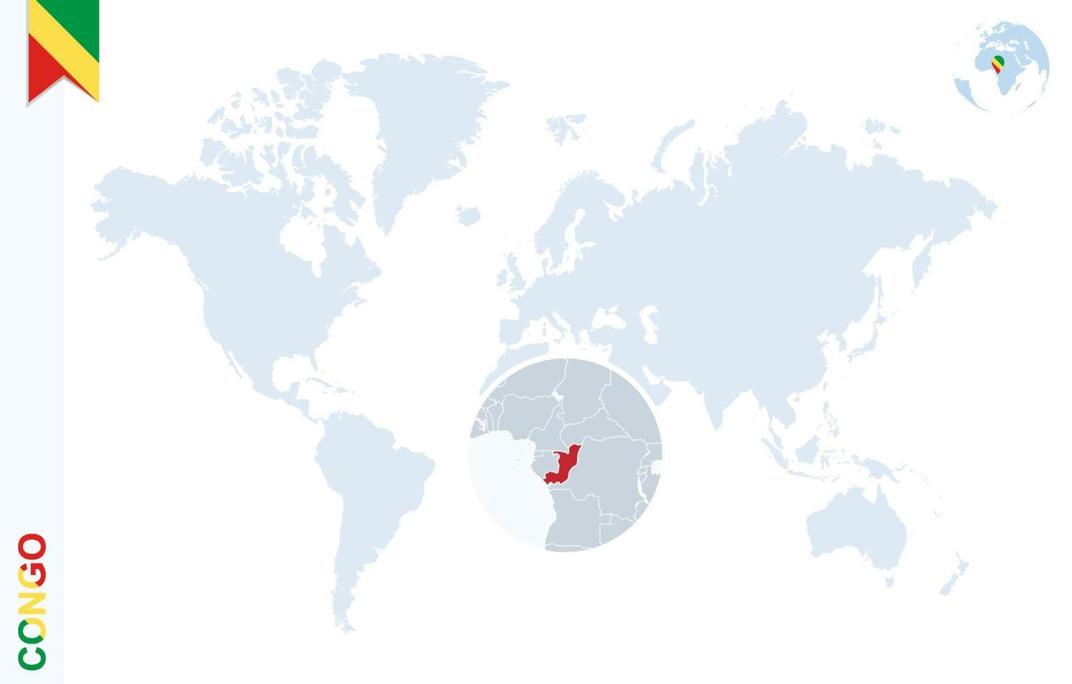 Blue world map with magnifying on Congo. vector