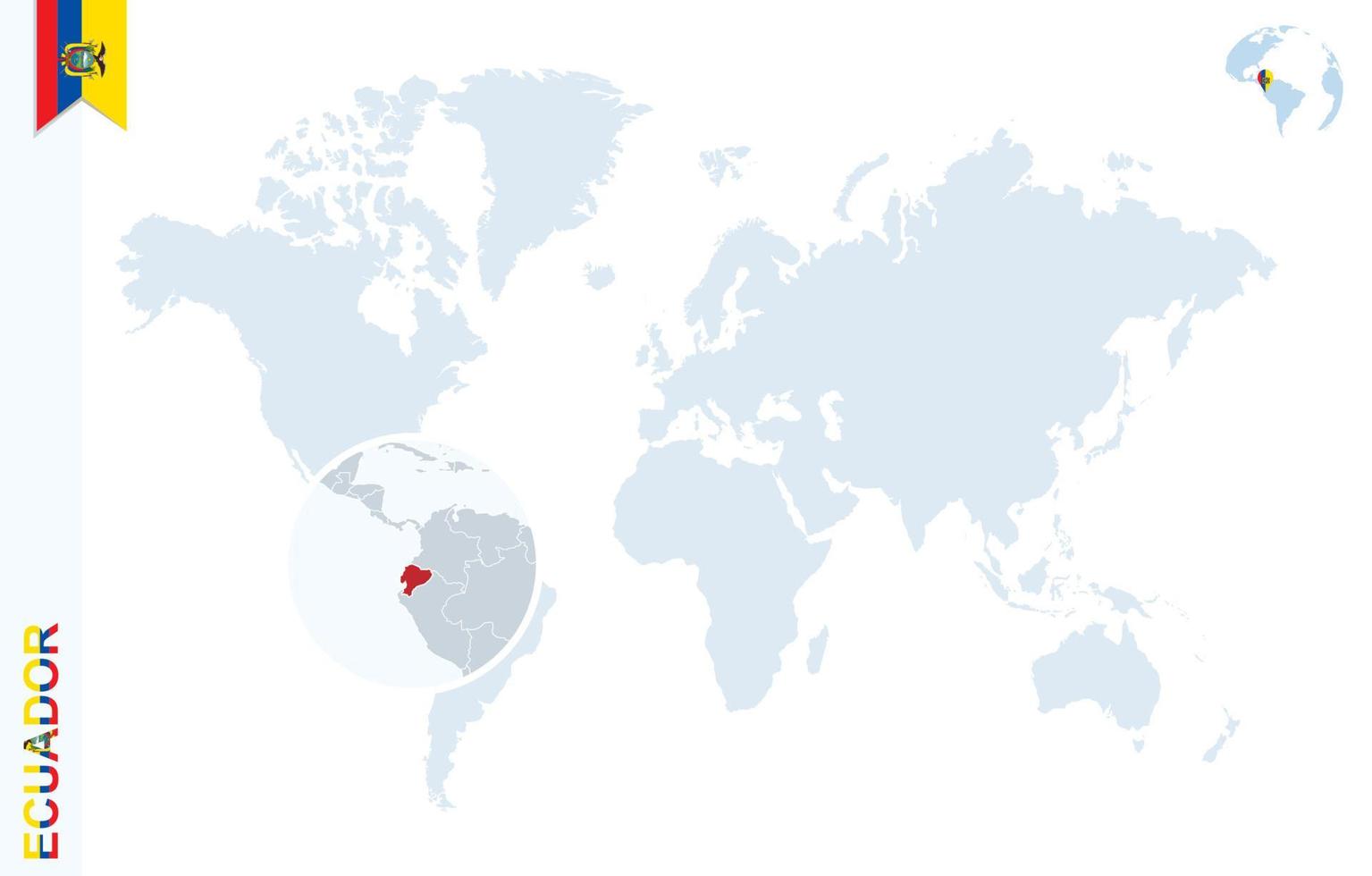 Blue world map with magnifying on Ecuador. vector