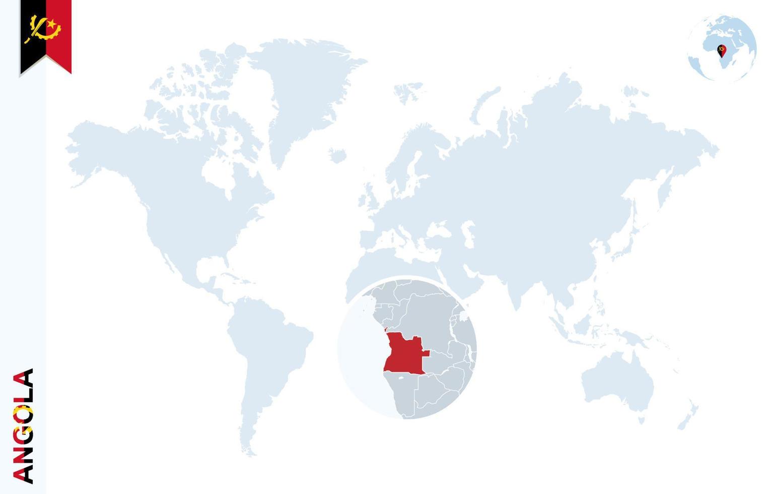 mapa del mundo azul con lupa en angola. vector