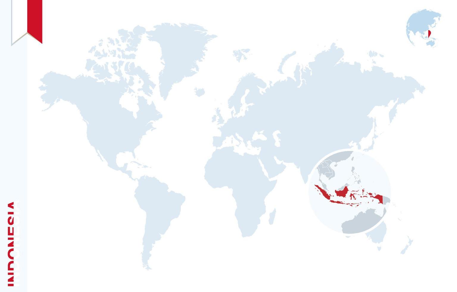 mapa del mundo azul con lupa en indonesia. vector