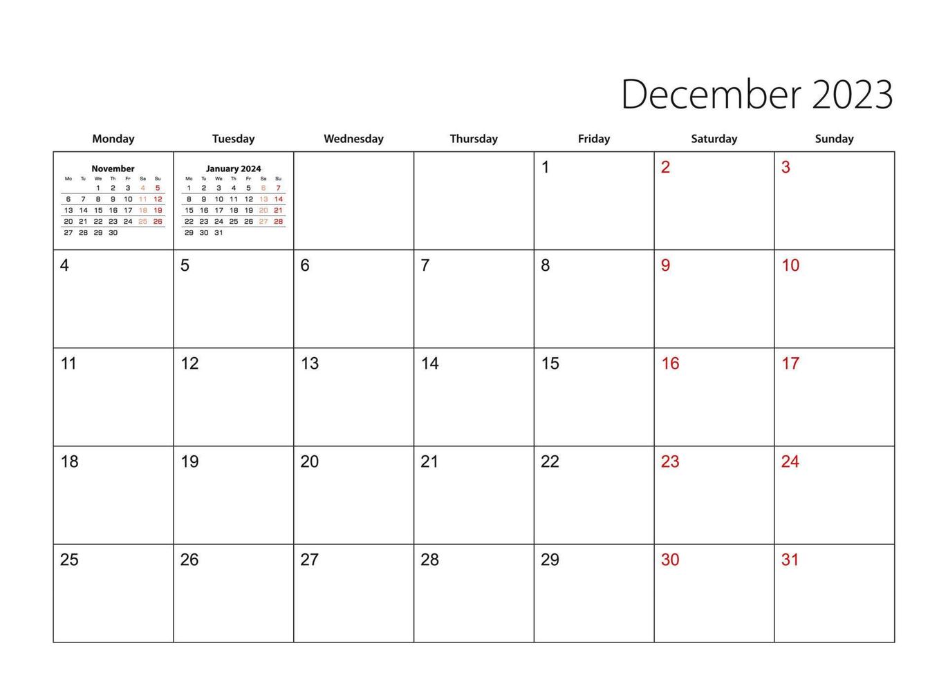 December 2023 simple calendar planner, week starts from Monday. vector