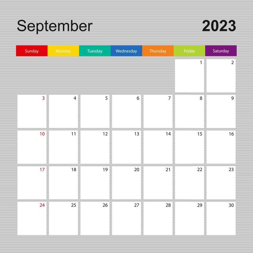 página de calendario para septiembre de 2023, planificador de paredes con diseño colorido. semana comienza el domingo. vector