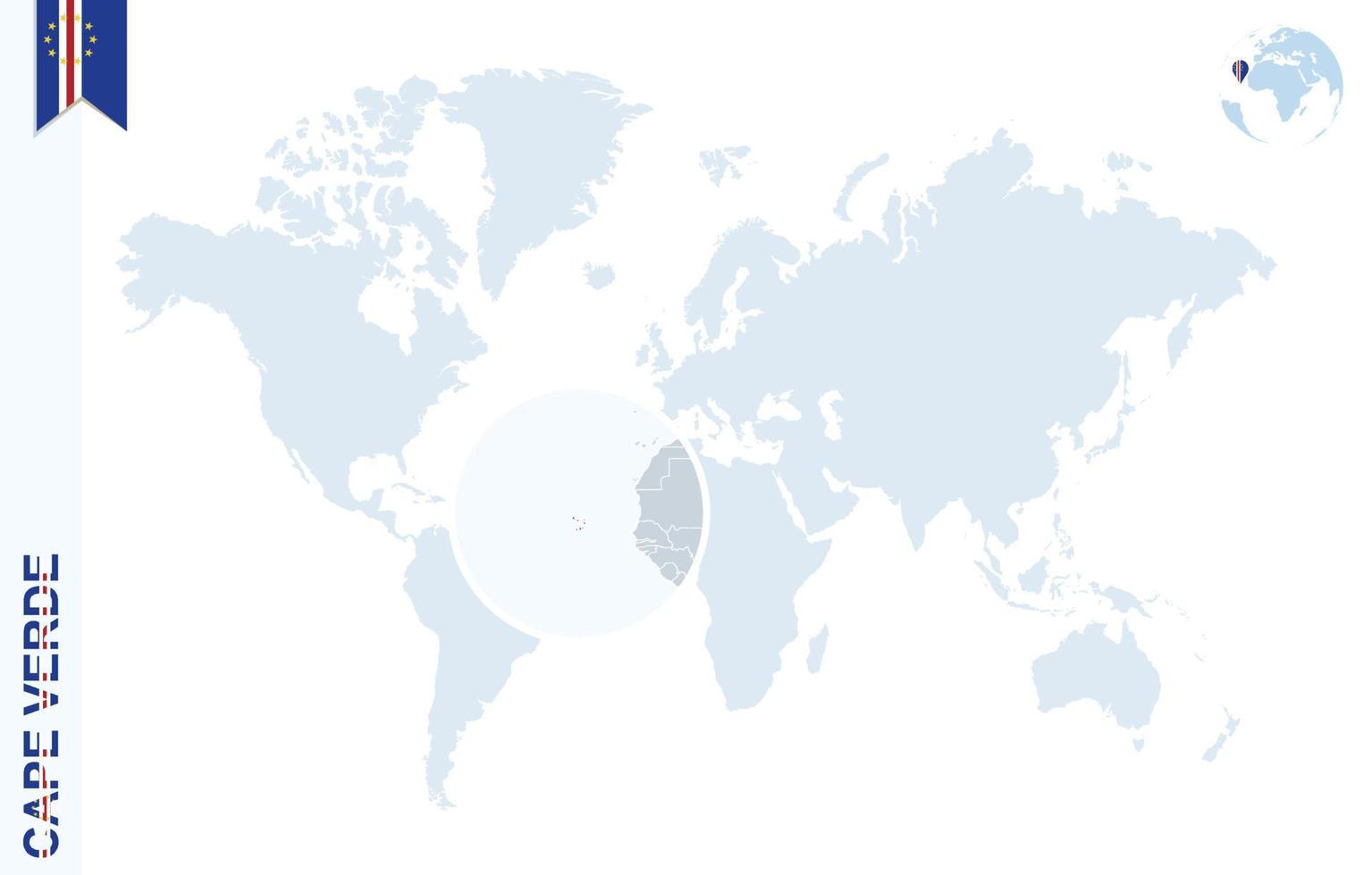 Blue world map with magnifying on Cape Verde. vector