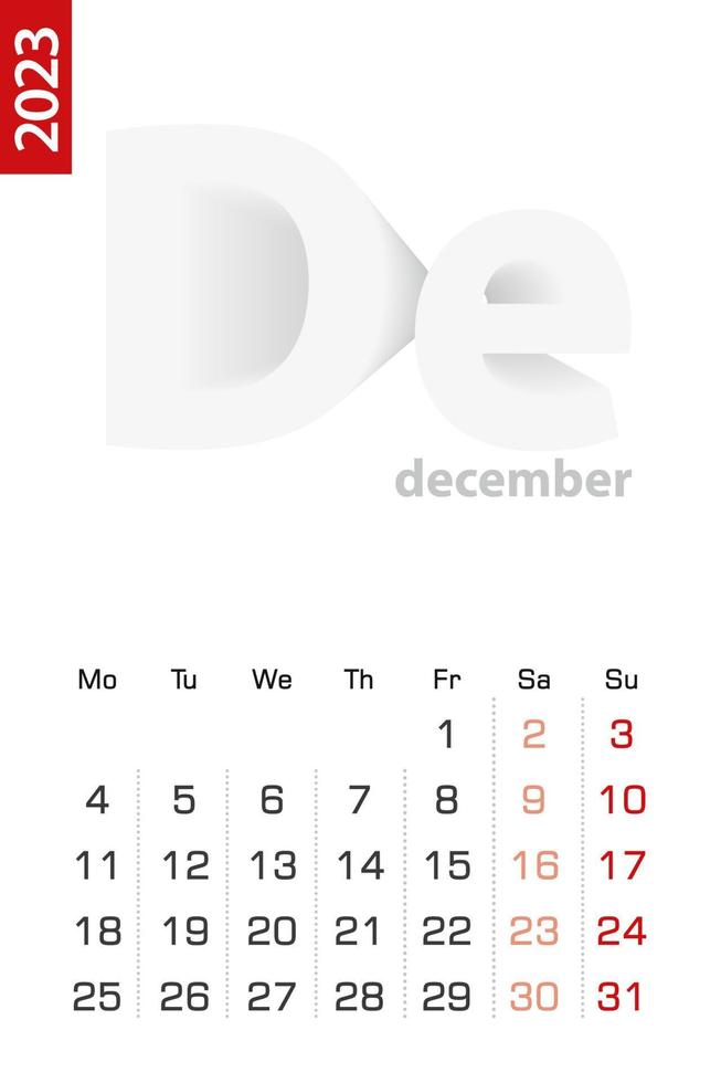 Minimalist calendar template for December 2023, vector calendar in English.