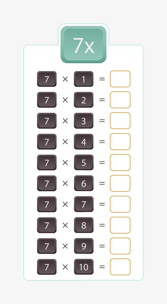 7x multiplication for practice, multiplication table without answers. vector