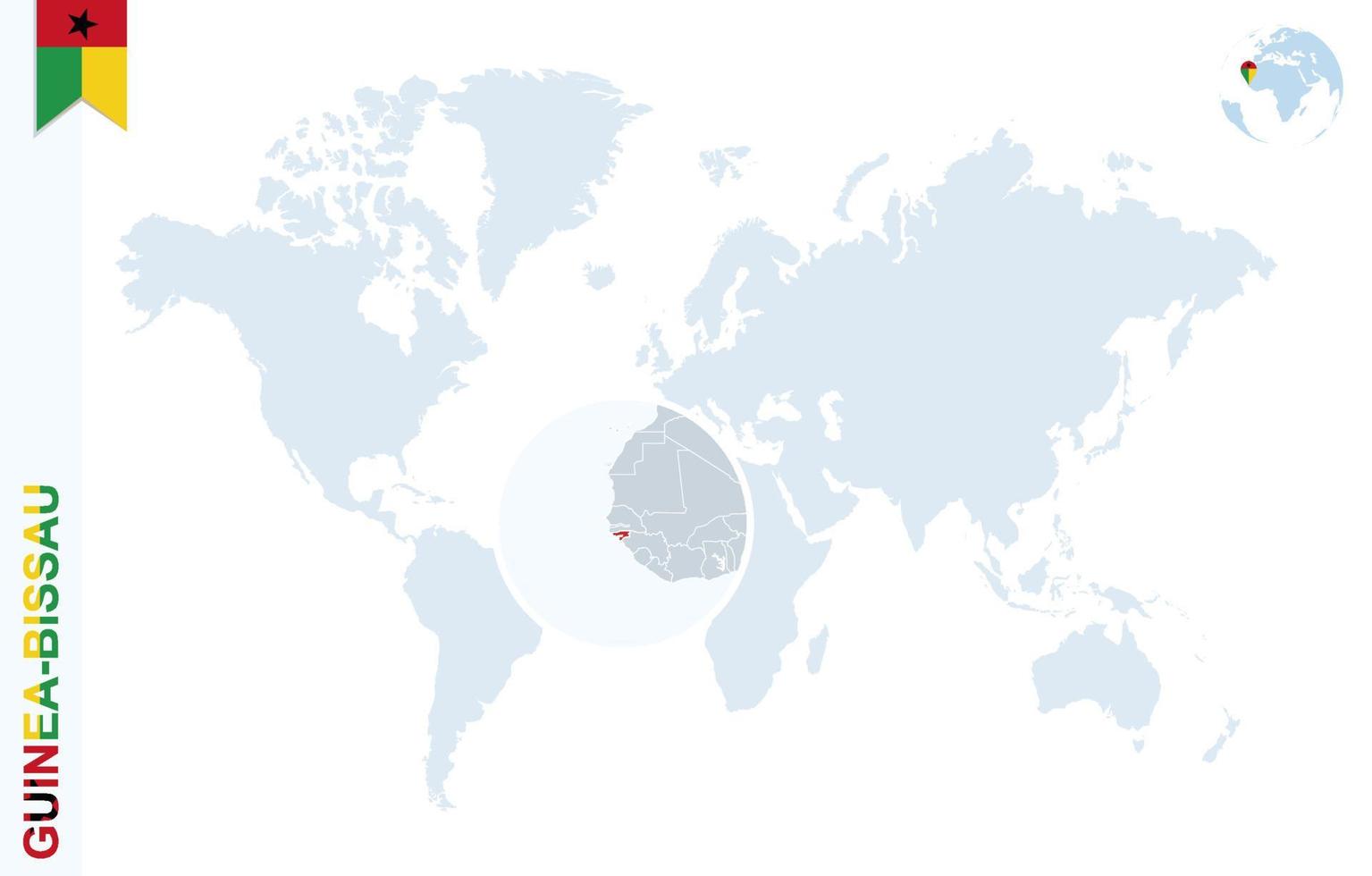 mapa del mundo azul con lupa en guinea-bissau. vector