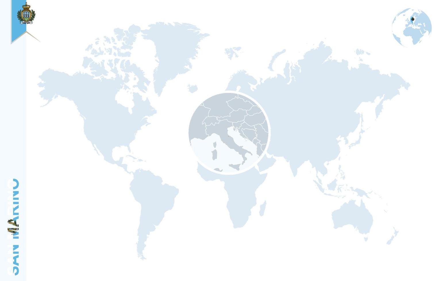 mapa del mundo azul con lupa en san marino. vector
