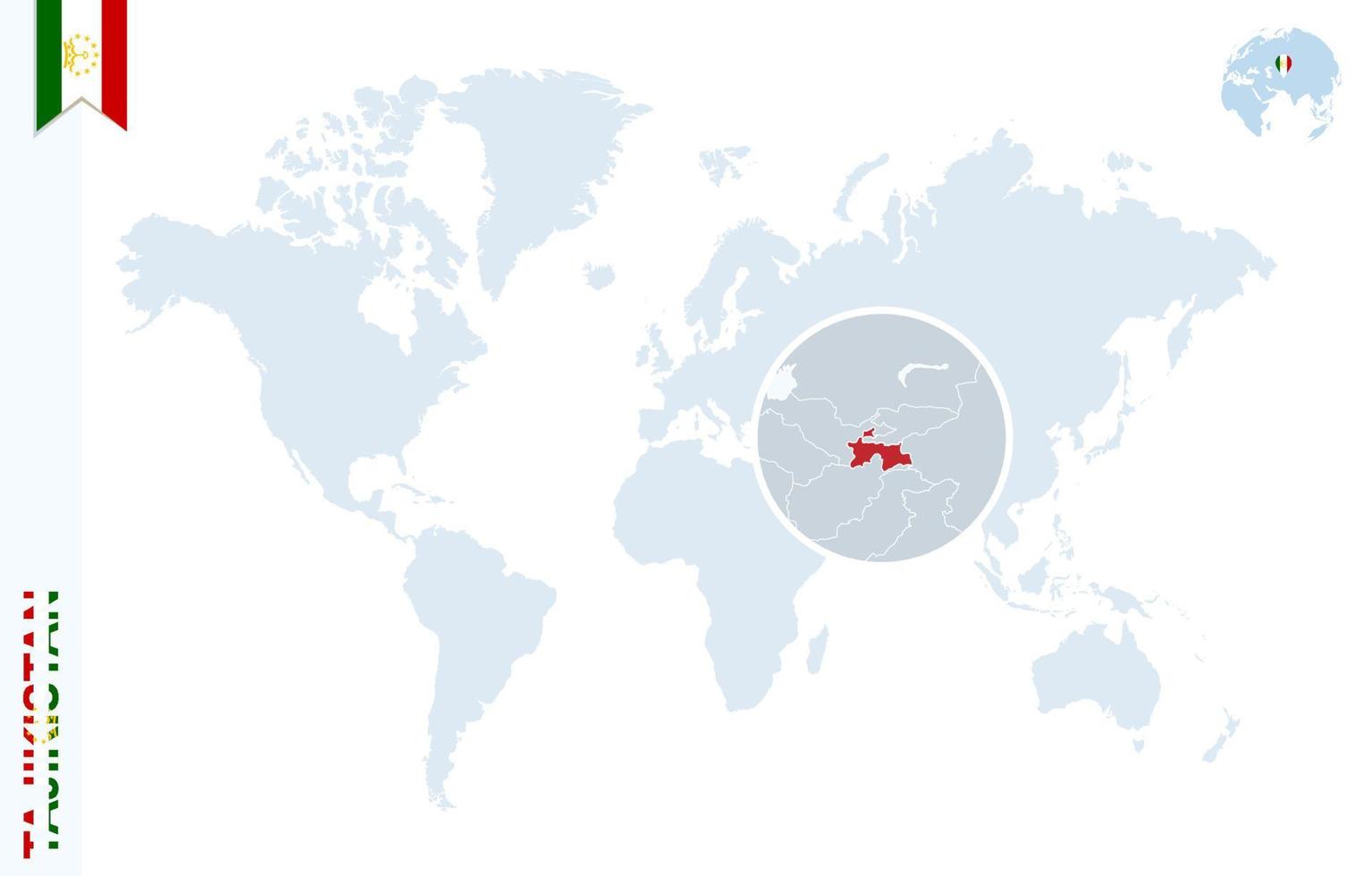 mapa del mundo azul con lupa en tayikistán. vector