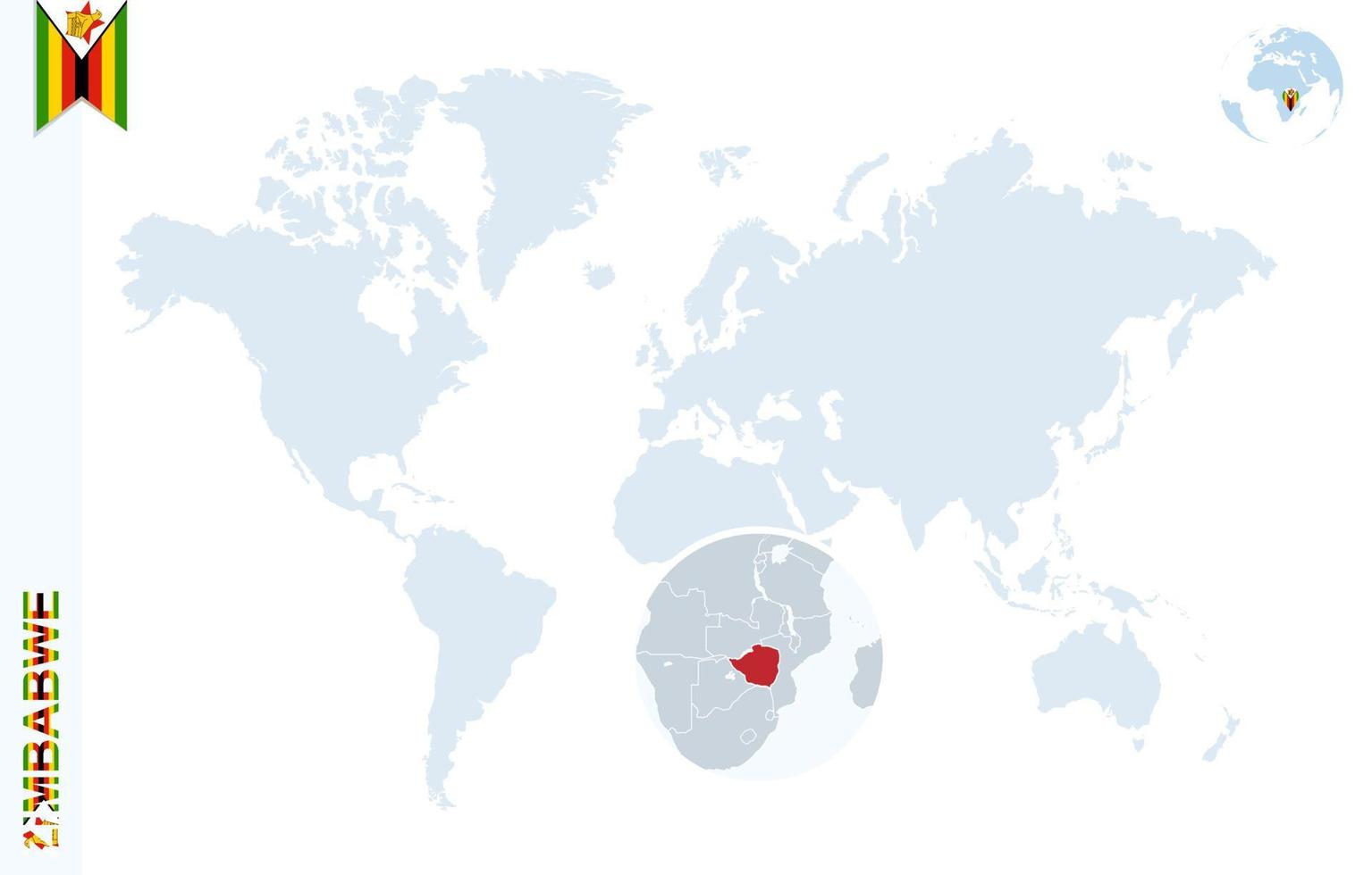 Blue world map with magnifying on Zimbabwe. vector