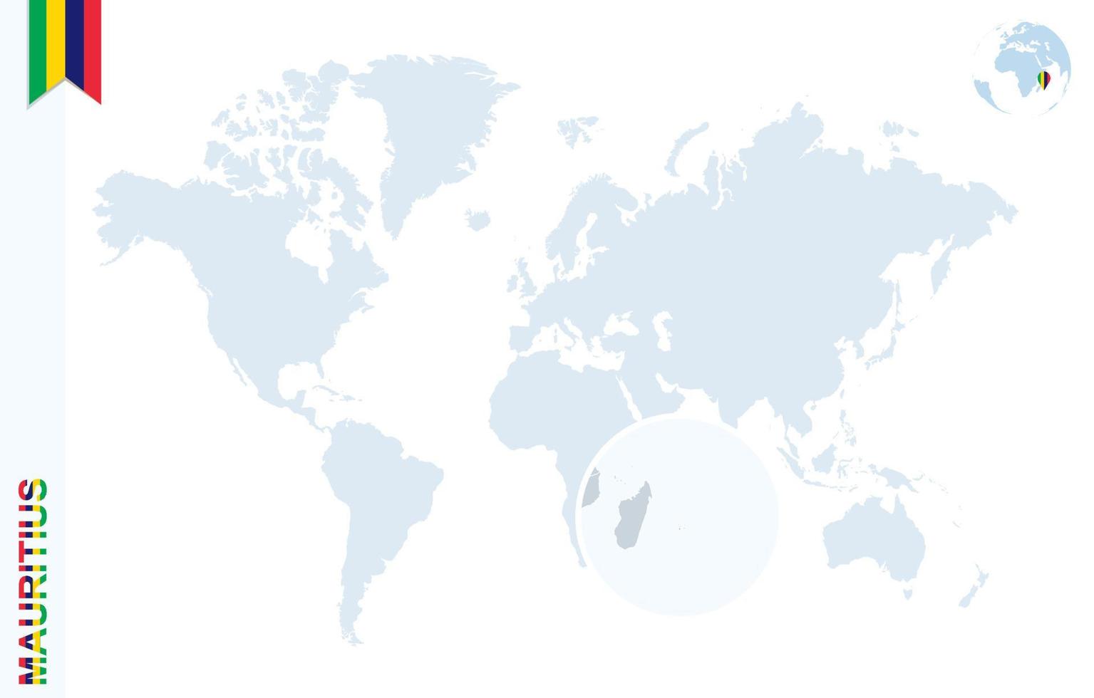 Blue world map with magnifying on Mauritius. vector