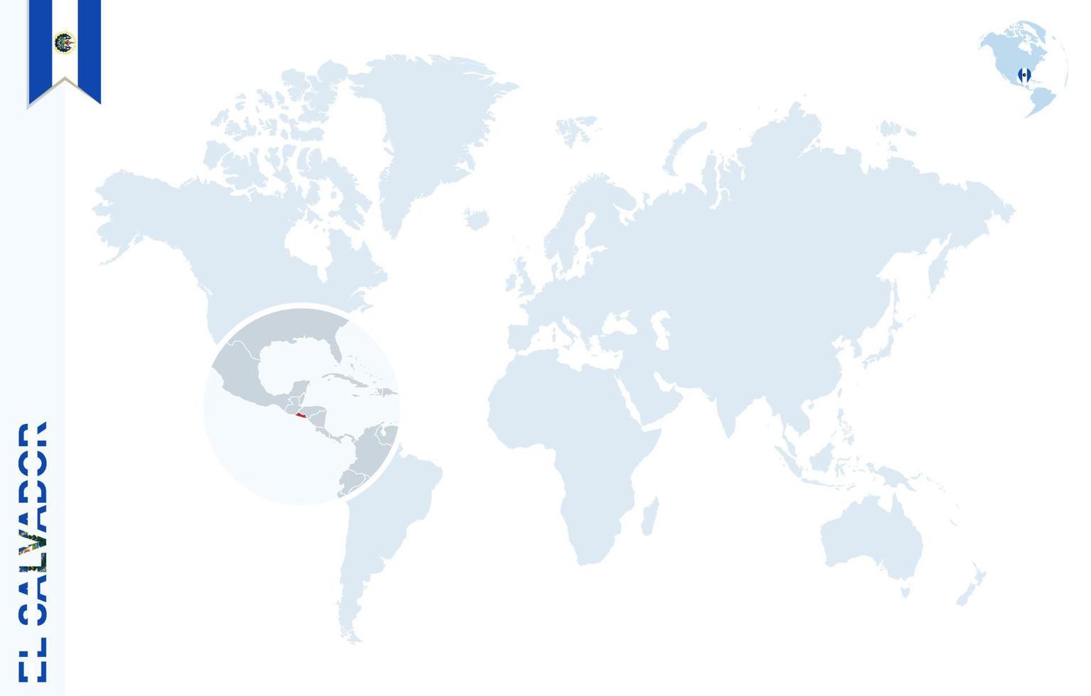 Blue world map with magnifying on El Salvador. vector