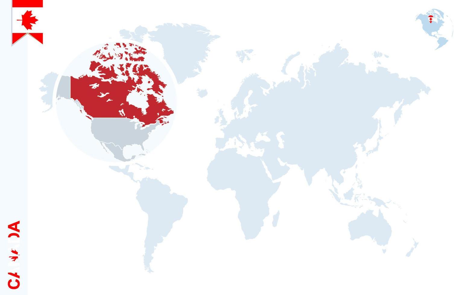 mapa del mundo azul con lupa en canadá. vector