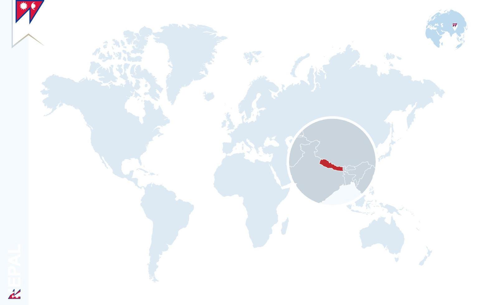 Blue world map with magnifying on Nepal. vector
