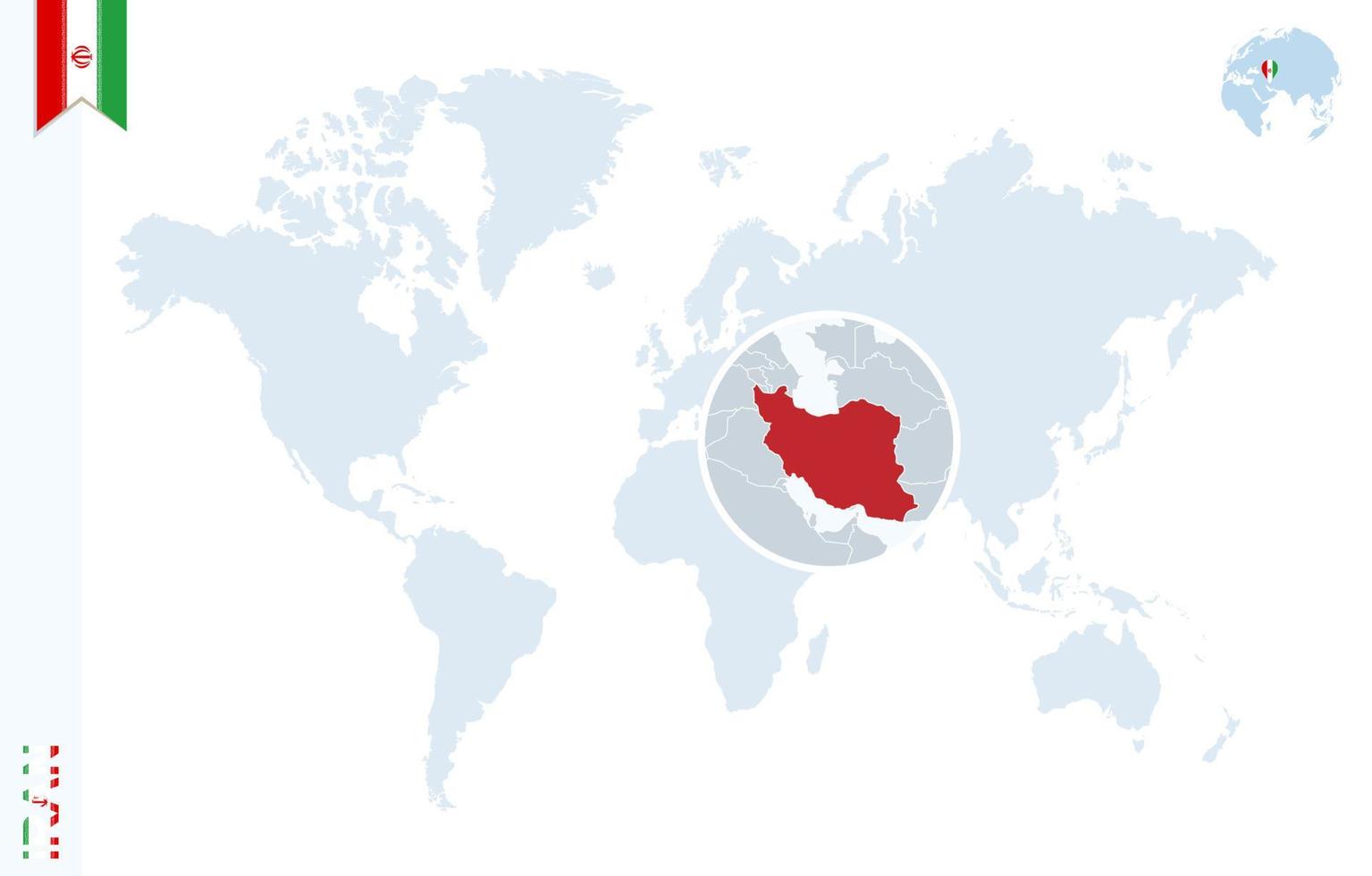 mapa del mundo azul con lupa en irán. vector