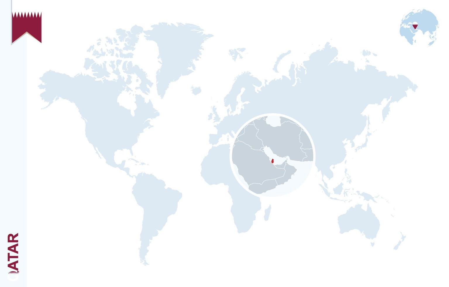 Blue world map with magnifying on Qatar. vector