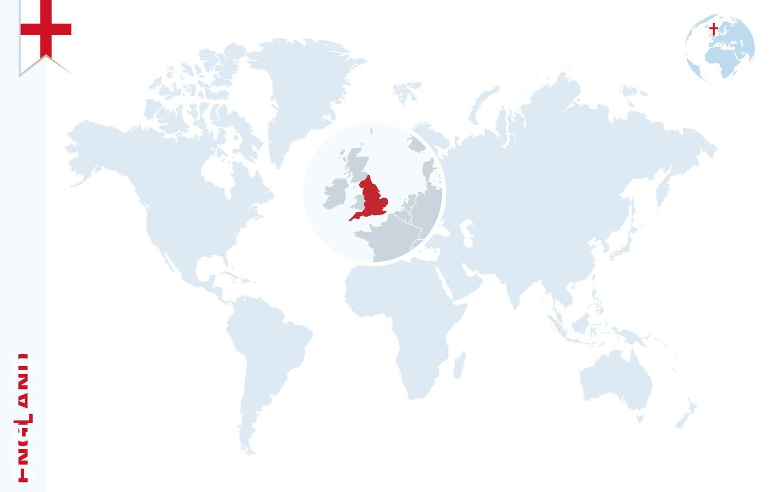 mapa del mundo azul con lupa en inglaterra. vector