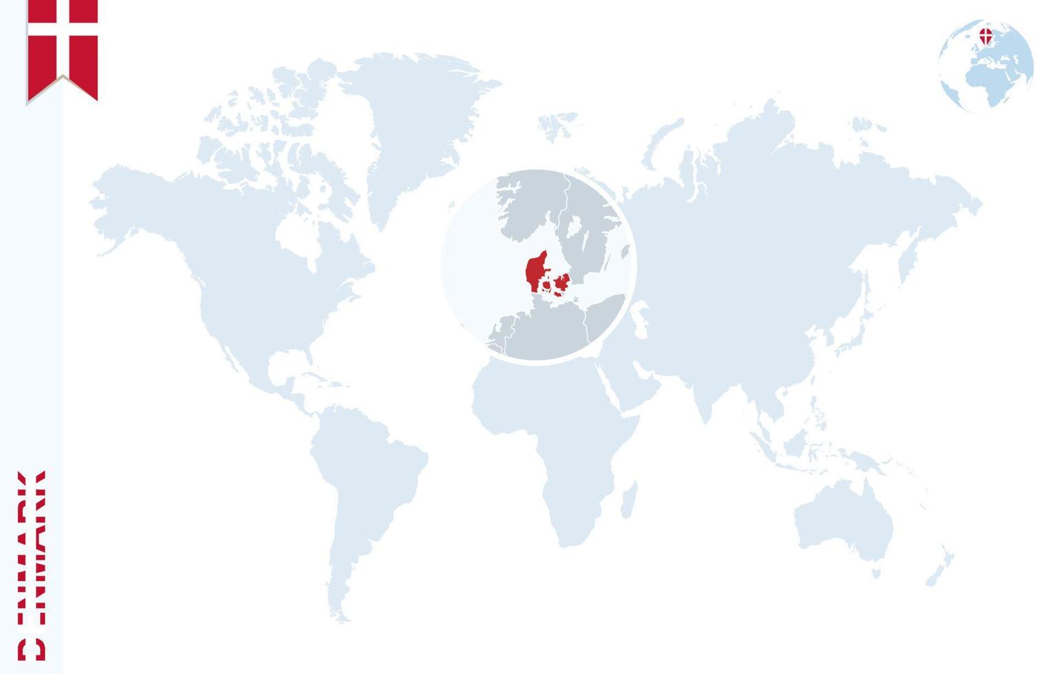 mapa del mundo azul con lupa en dinamarca. vector