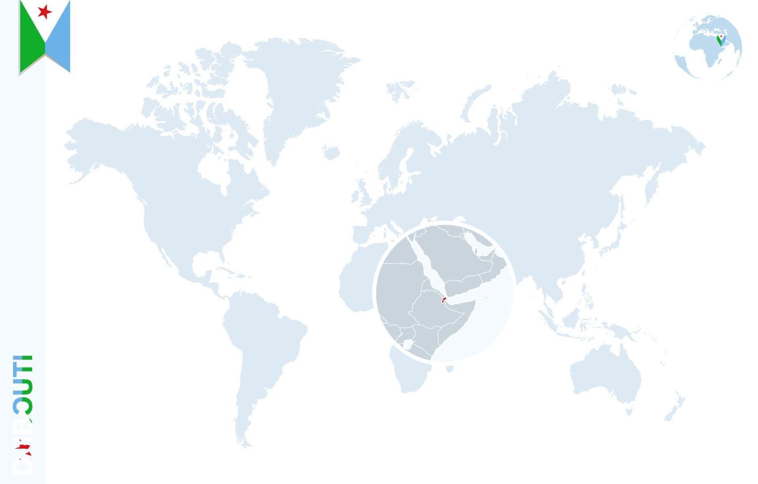 Blue world map with magnifying on Djibouti. vector