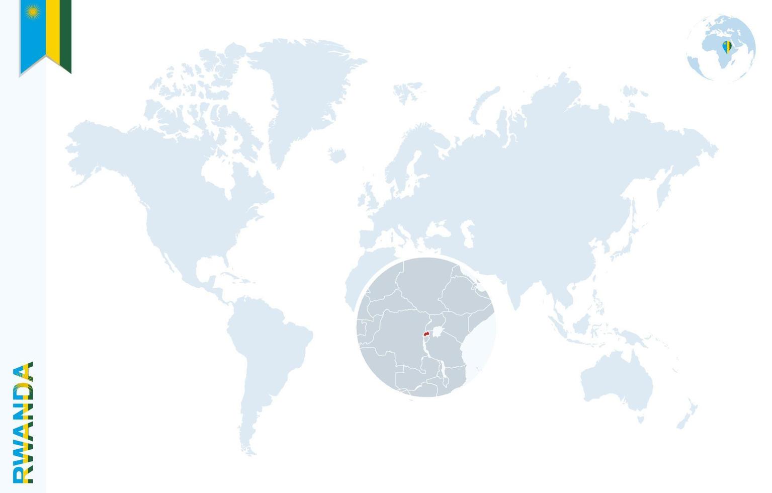 Blue world map with magnifying on Rwanda. vector