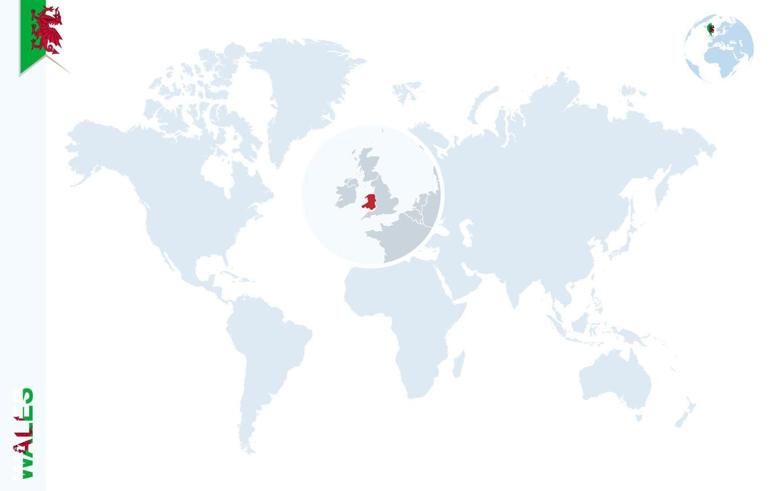 Blue world map with magnifying on Wales. vector